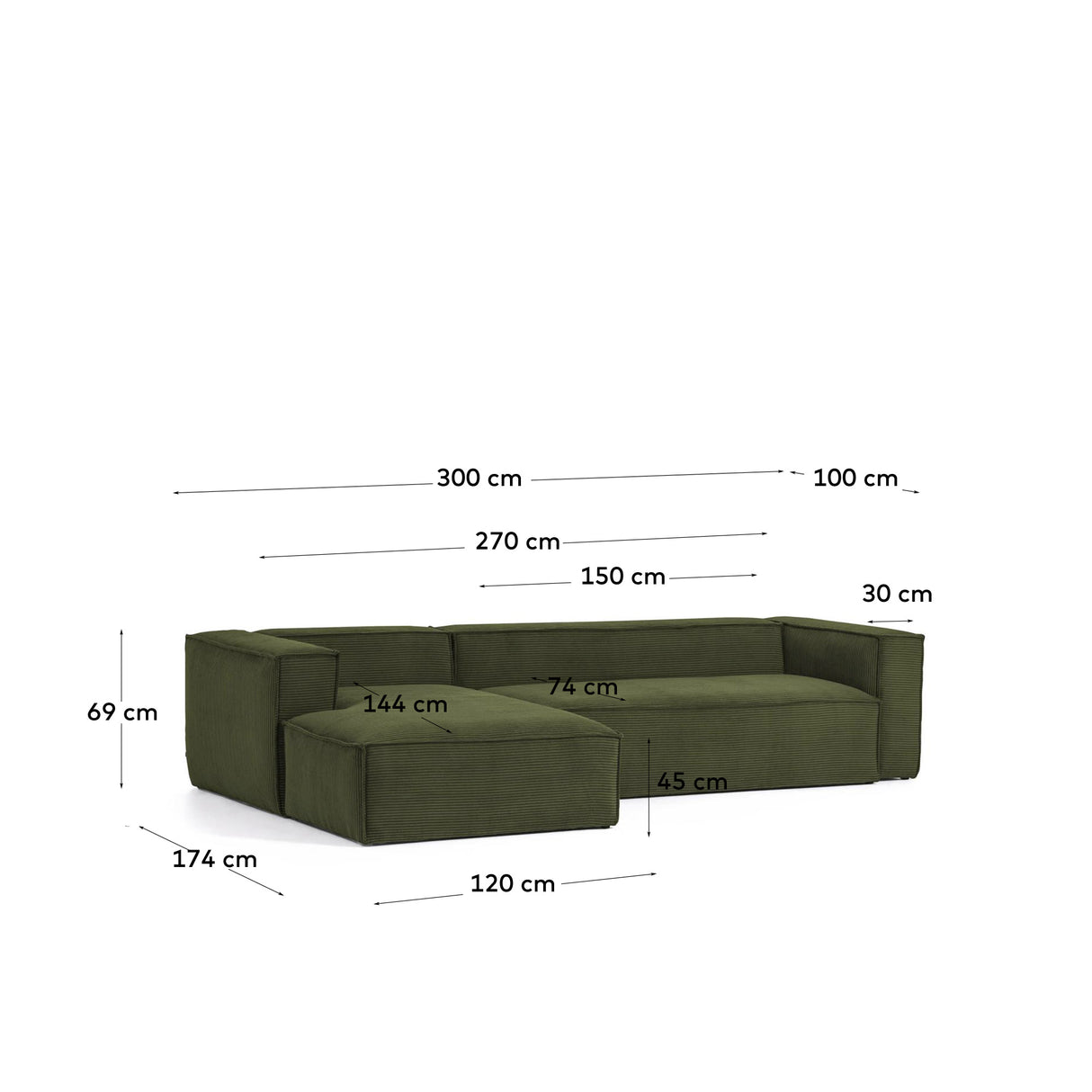 Blok 3-Sitzer-Sofa mit Chaiselongue links breiter Cord grün 300 cm - ZEN ZONE Furniture