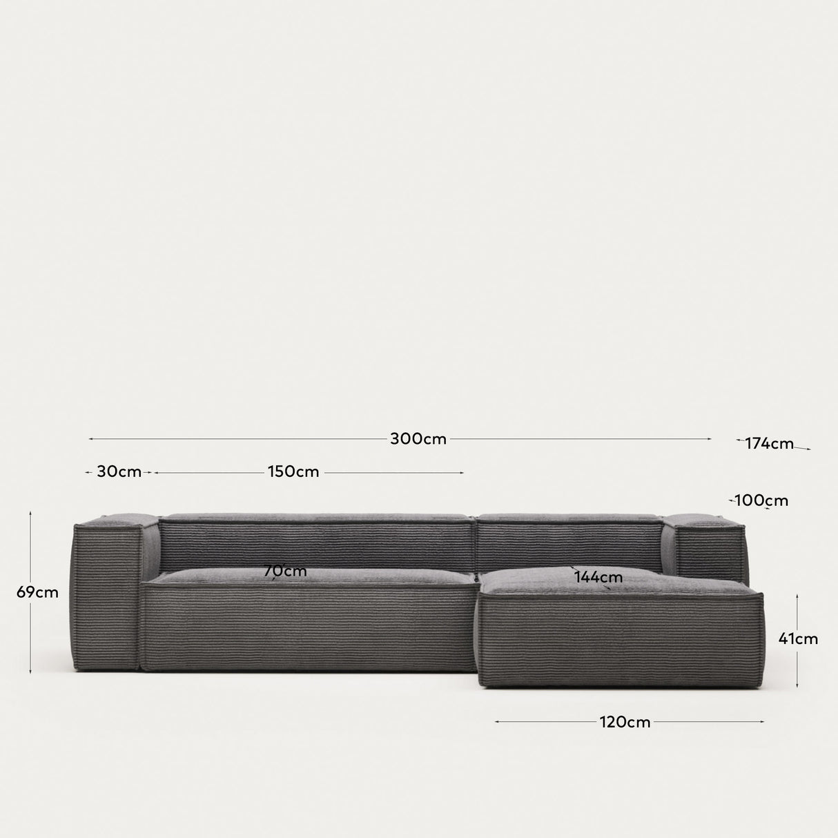 Blok 3-Sitzer-Sofa mit Chaiselongue rechts breiter Cord grau 300 cm - ZEN ZONE