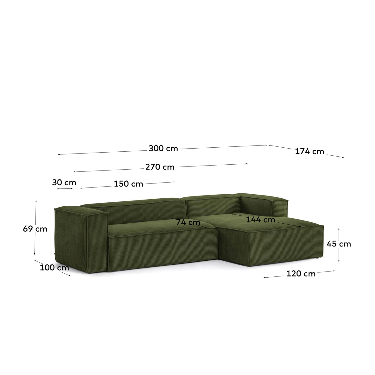 Blok 3-Sitzer-Sofa mit Chaiselongue rechts breiter Cord grün 300 cm - ZEN ZONE Furniture