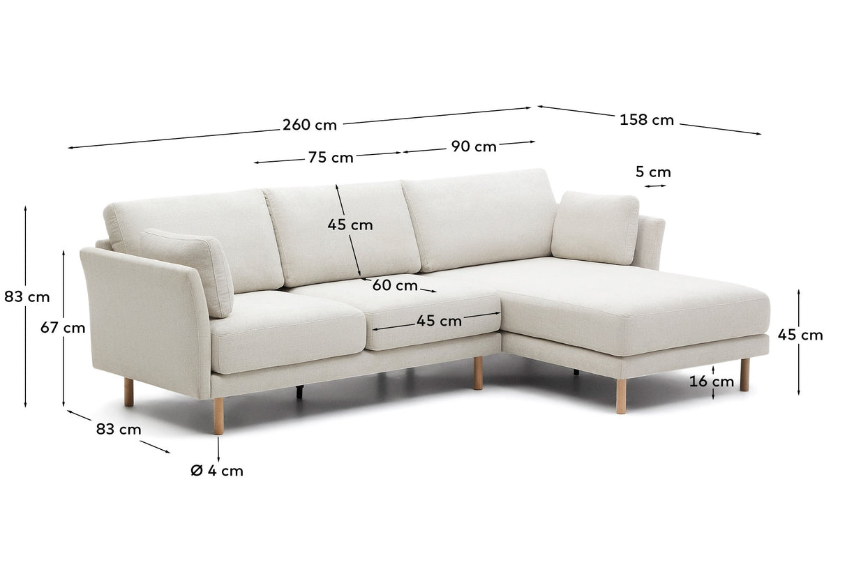 Gilma 3-Sitzer-Sofa Chaiselongue rechts/links Chenille in Perle Beine naturfarben 260 cm - ZEN ZONE Furniture