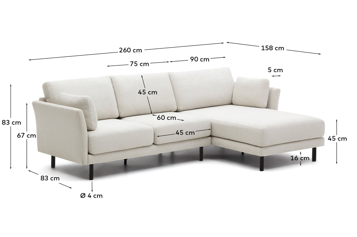 Gilma 3-Sitzer Sofa mit Chaiselongue rechts/links Chenille Perle Beine in Schwarz 260 cm - ZEN ZONE Furniture