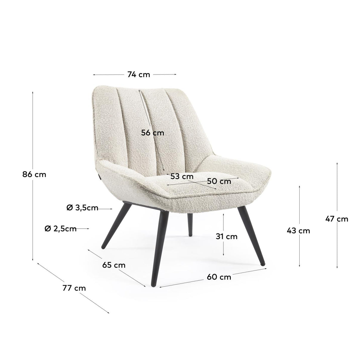 Marlina Sessel mit Bezug im Bouclé-Stil weiß mit Stahlbeinen mit schwarzem Finish - ZEN ZONE Furniture