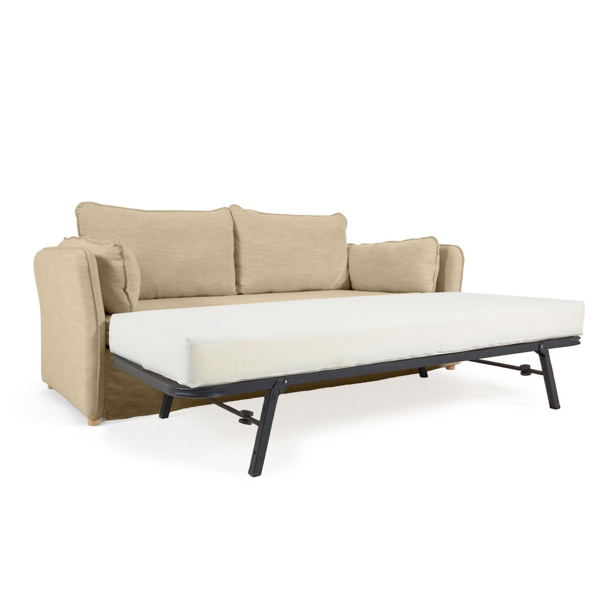 Tanit Schlafsofa beige und Beine aus massivem Buchenholz mit natürlichem Finish 210 cm - ZEN ZONE Furniture