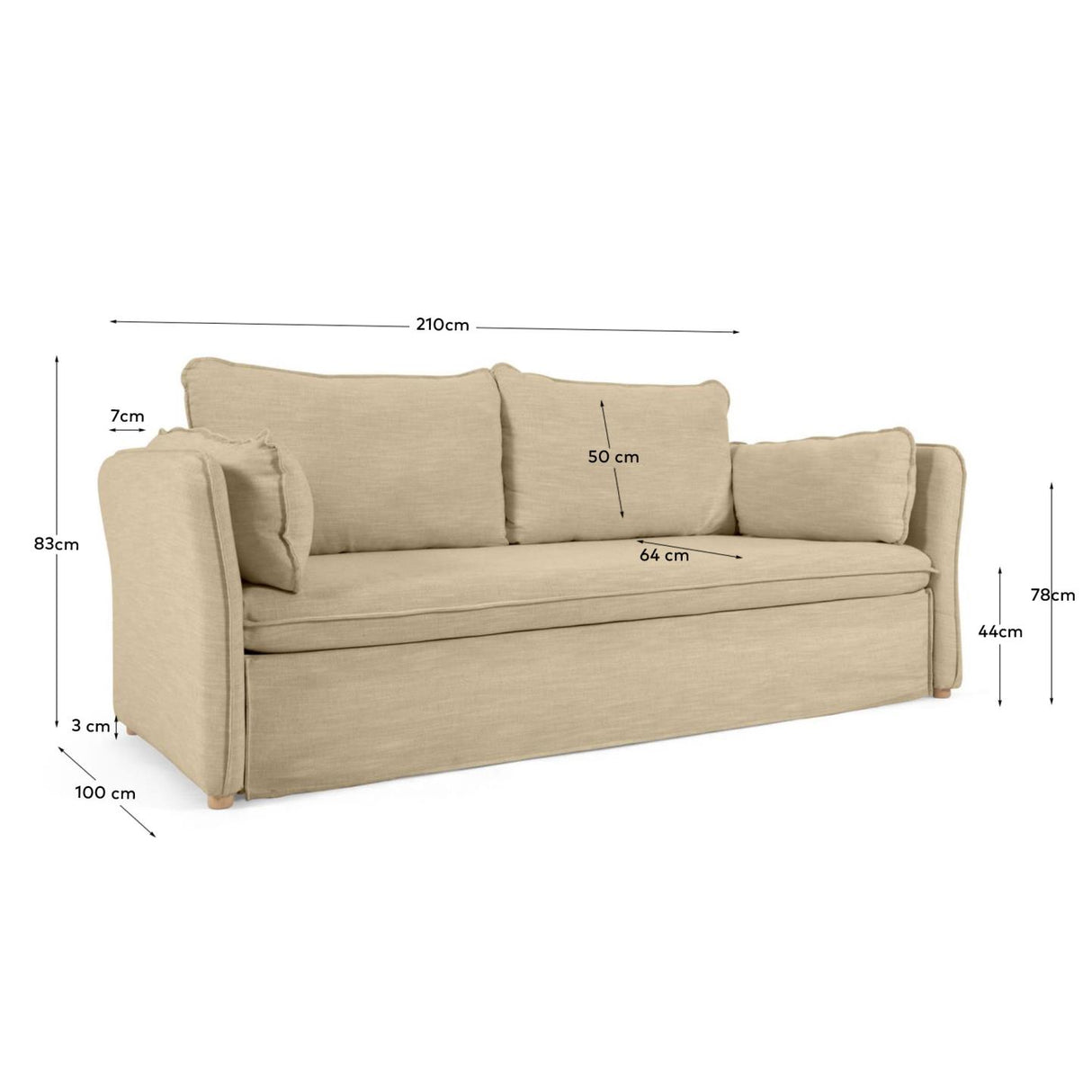 Tanit Schlafsofa beige und Beine aus massivem Buchenholz mit natürlichem Finish 210 cm - ZEN ZONE Furniture