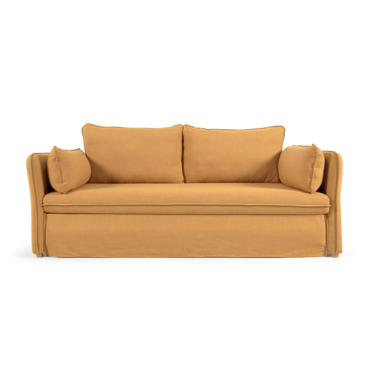Tanit Schlafsofa senffarben und Beine aus massivem Buchenholz natürliches Finish 210 cm - ZEN ZONE Furniture