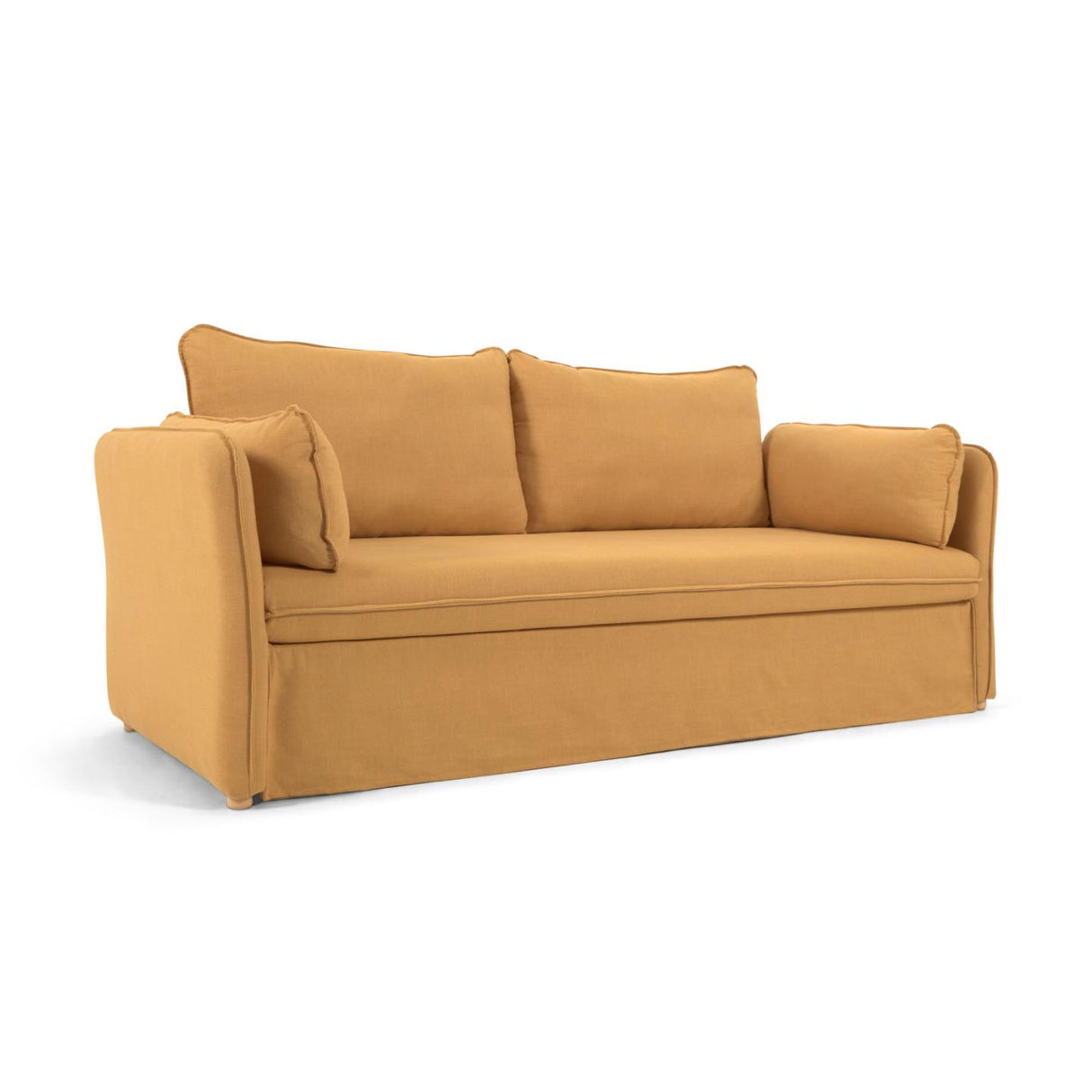 Tanit Schlafsofa senffarben und Beine aus massivem Buchenholz natürliches Finish 210 cm - ZEN ZONE Furniture