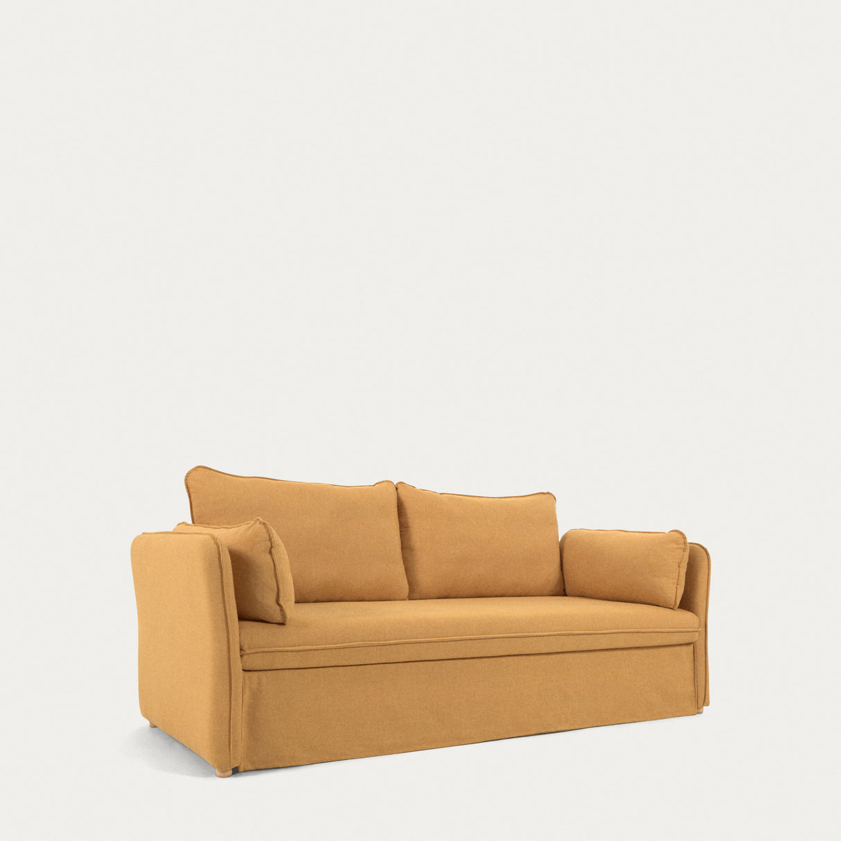 Tanit Schlafsofa senffarben und Beine aus massivem Buchenholz natürliches Finish 210 cm - ZEN ZONE Furniture