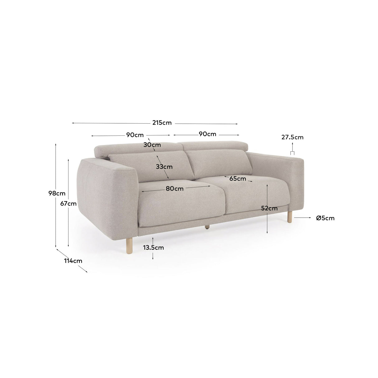 Singa 3-Sitzer Sofa mit verstellbarer Kopfstütze und ausziehbarem Sitz beige 215 cm FSC Mix Credit - ZEN ZONE Furniture