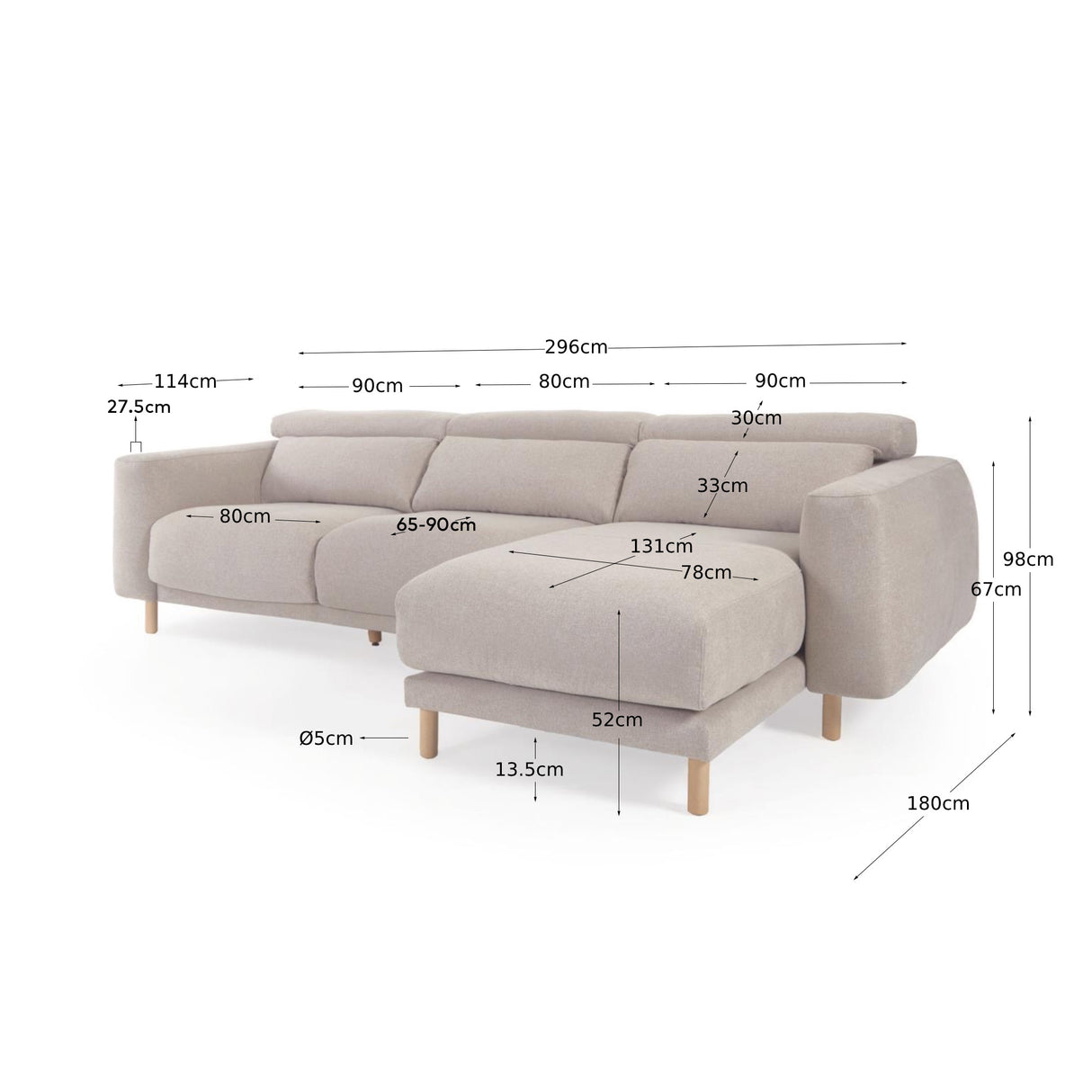 Singa 3-Sitzer Sofa mit Chaiselongue rechts, verstellbarer Kopfstütze und ausziehbarem Sitz beige 296 cm FSC Mix Credit - ZEN ZONE Furniture