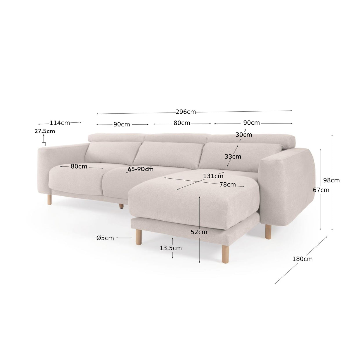 Singa 3-Sitzer Sofa mit Chaiselongue rechts weiß 296 cm - ZEN ZONE Furniture