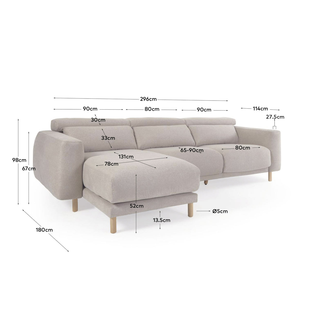 Singa 3-Sitzer Sofa mit Chaiselongue links beige 296 cm - ZEN ZONE Furniture