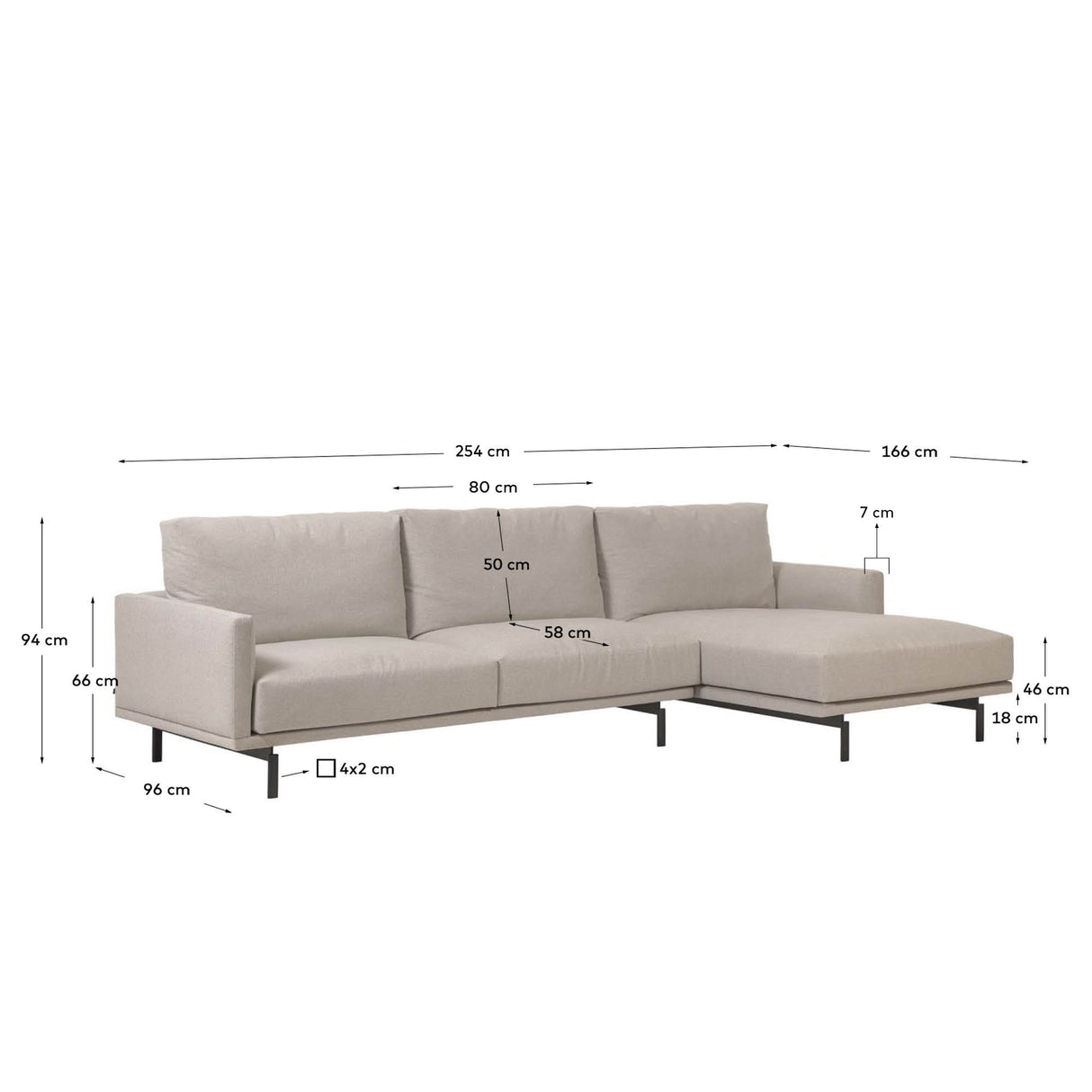 Galene 3-Sitzer Sofa beige mit Chaiselongue rechts 254 cm - ZEN ZONE Furniture
