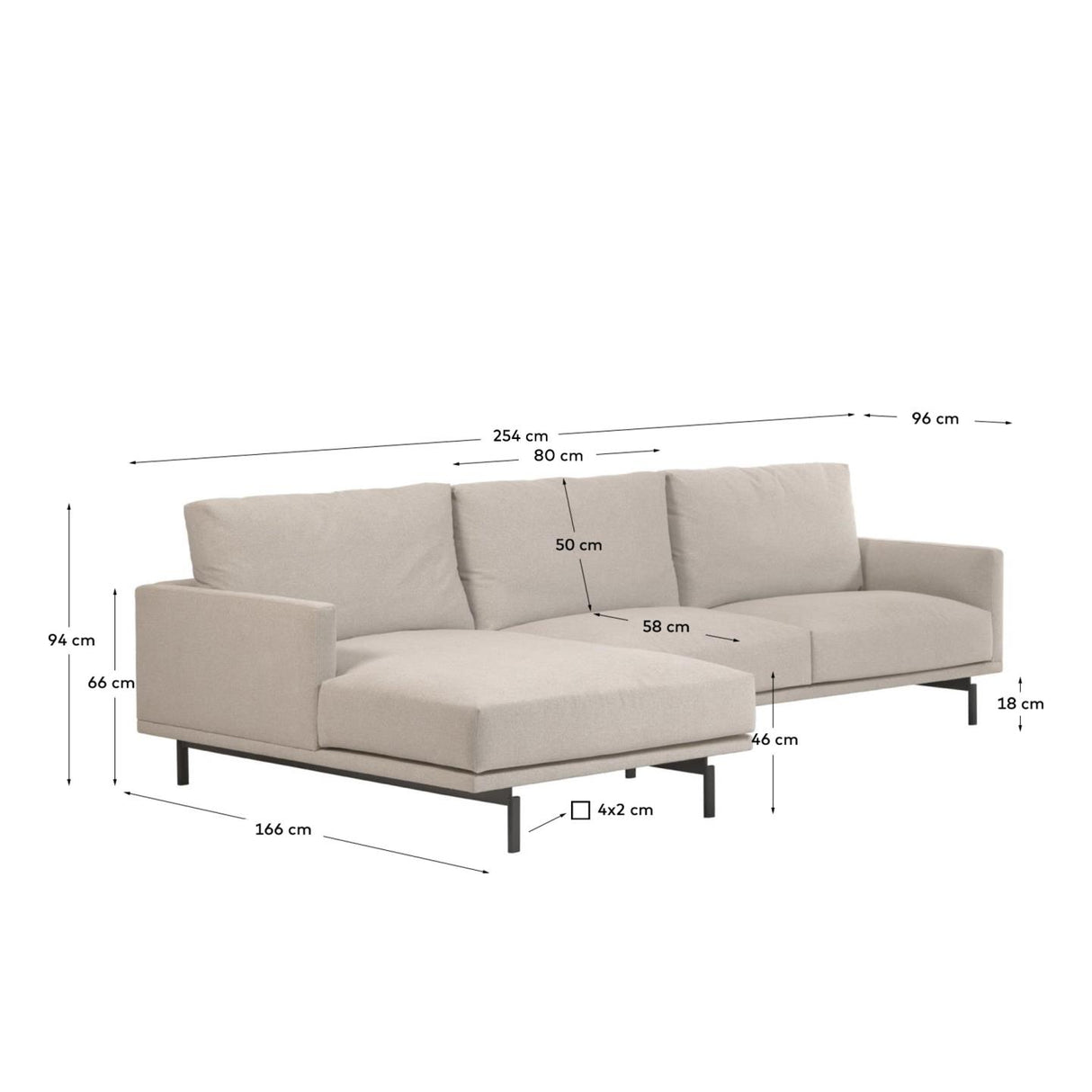 Galene 3-Sitzer Sofa beige mit Chaiselongue links 254 cm - ZEN ZONE Furniture