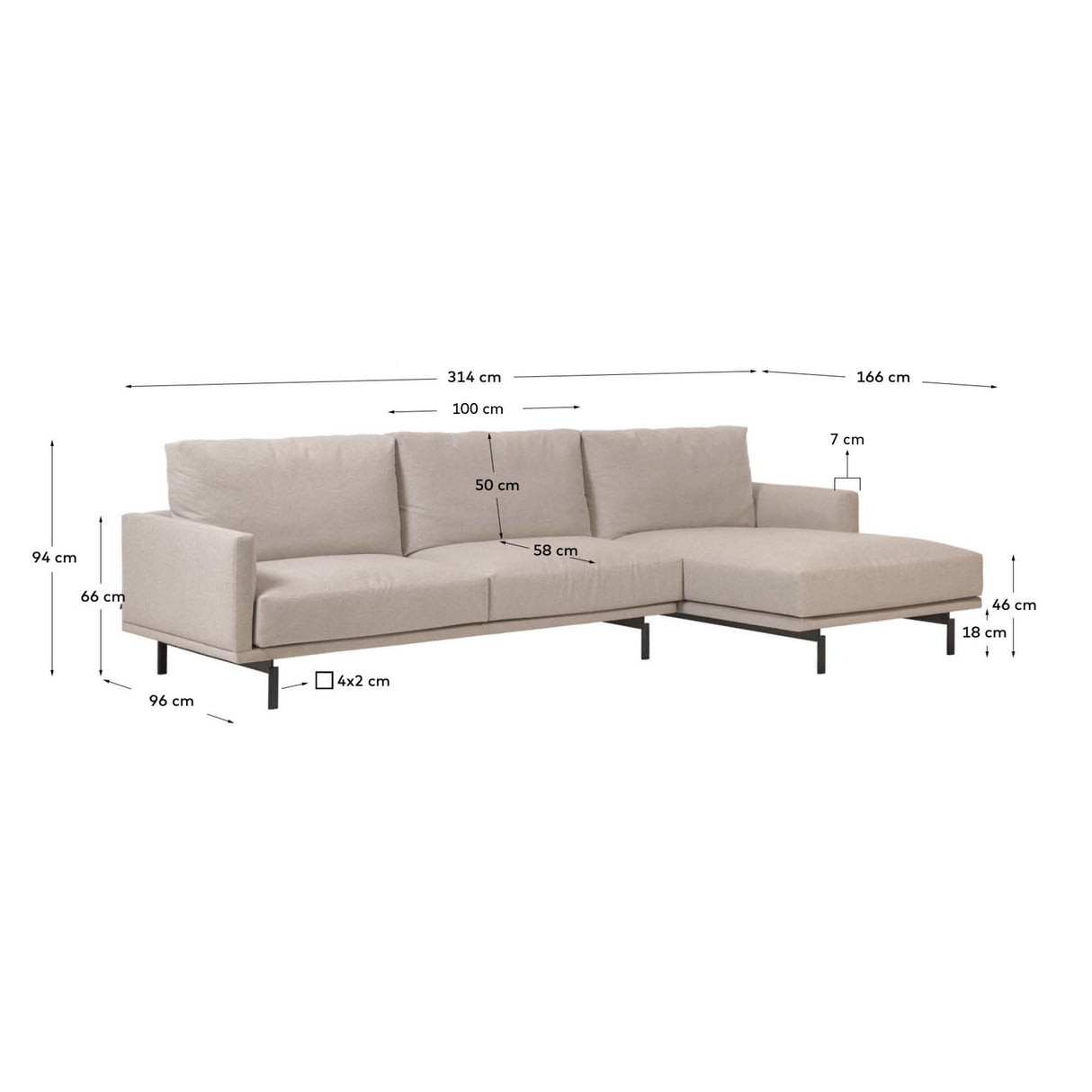 Galene 4-Sitzer Sofa beige mit Chaiselongue rechts 314 cm - ZEN ZONE Furniture