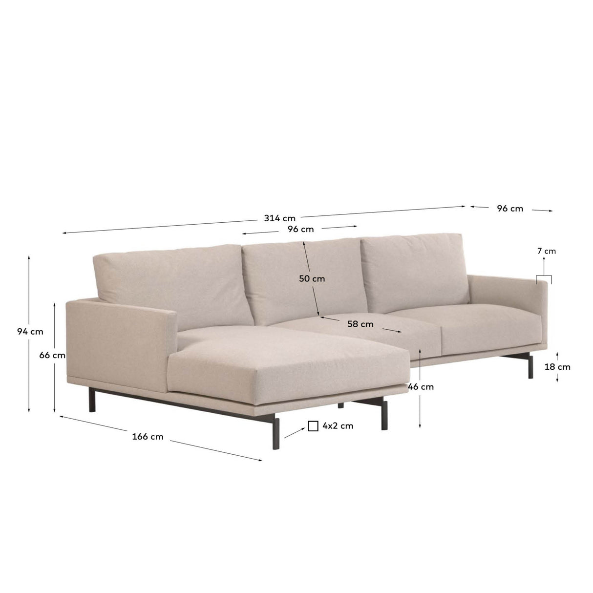 Galene 4-Sitzer Sofa beige mit Chaiselongue links 314 cm - ZEN ZONE Furniture
