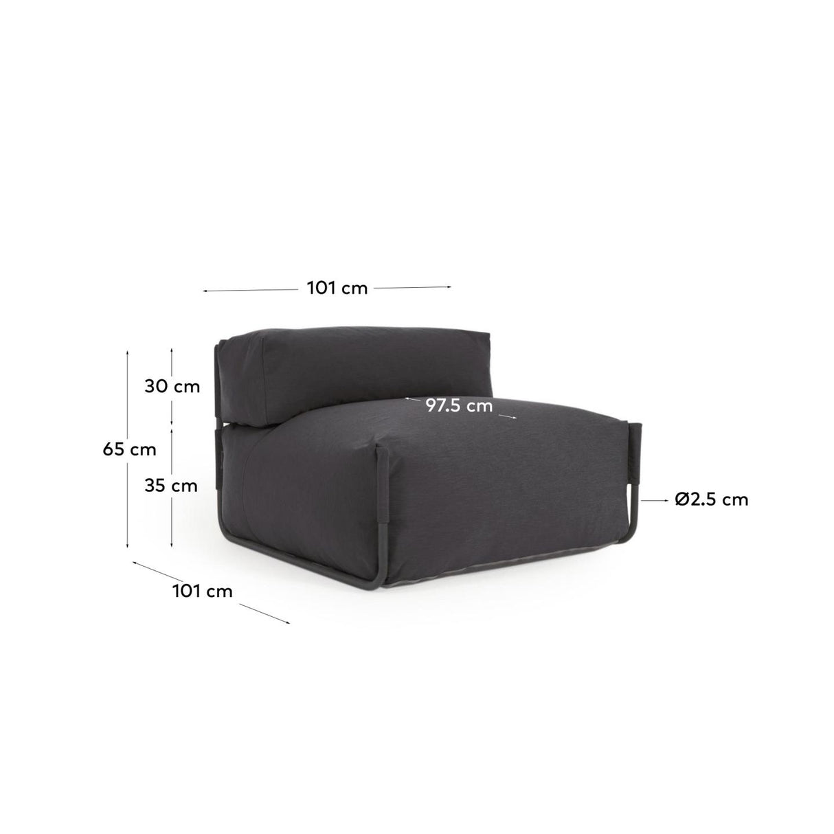 Square Puff Modularsofa 100% outdoor m. Rückenlehne dunkelgrau Alu schwarz 101 x 101 cm - ZEN ZONE Furniture