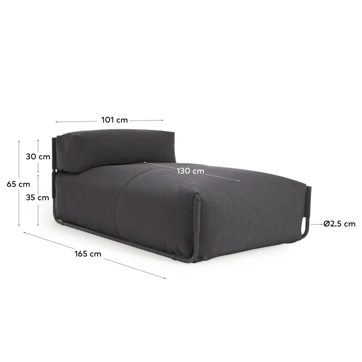 Square Puff Modularsofa longue 100%outdoor m. Rückenlehne dunkelgrau Alu schwarz 165x101cm - ZEN ZONE Furniture