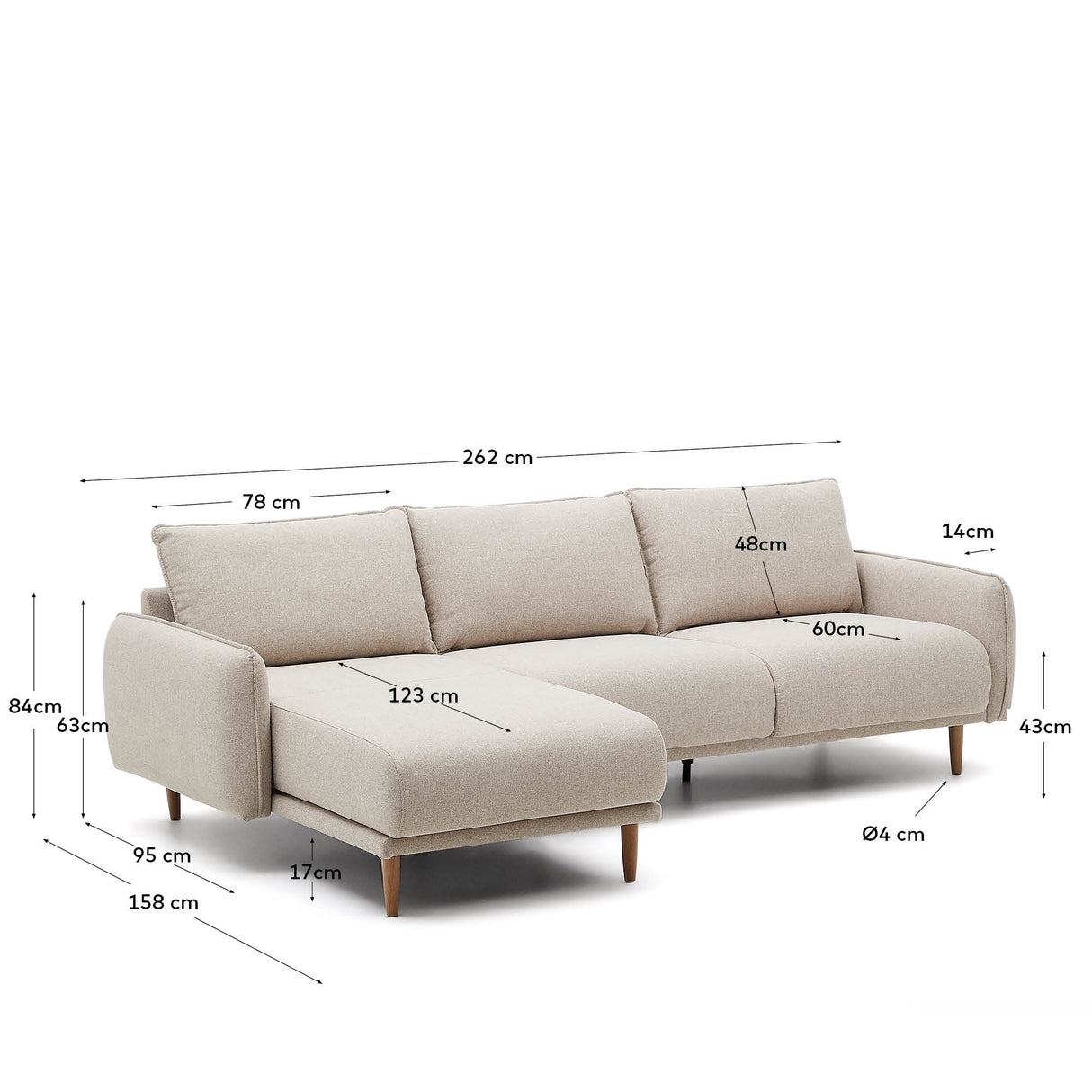 Carlota 3-Sitzer-Sofa mit Chaiselongue rechts/links beige 262 cm - ZEN ZONE Furniture
