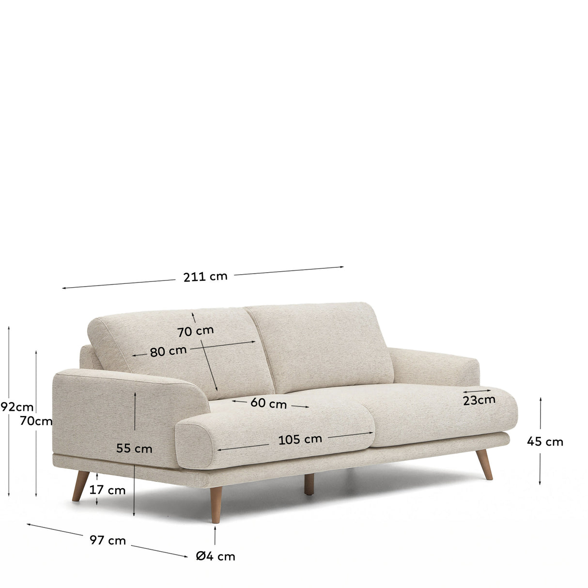 Karin 2-Sitzer-Sofa weiße Chenille und Beine aus massiver Buche 210 cm - ZEN ZONE Furniture