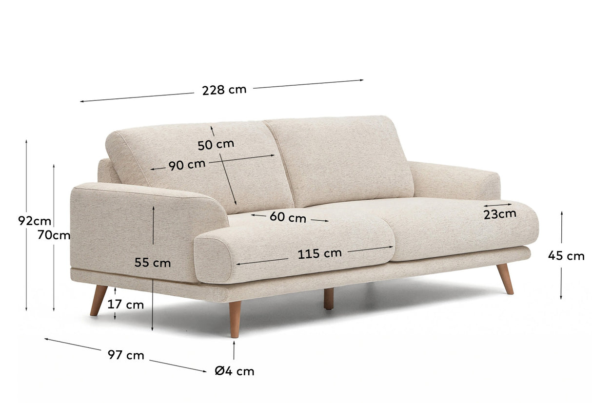 Karin 3-Sitzer-Sofa weiß und Beine aus massiver Buche 231 cm - ZEN ZONE Furniture