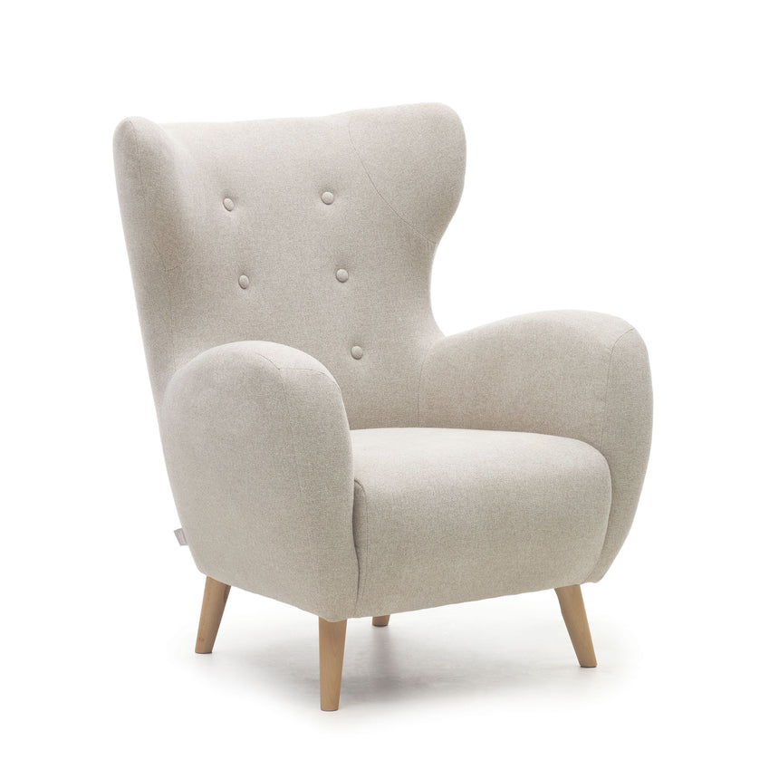 Patio Sessel aus beiger Chenille mit Beinen aus massiver Buche - ZEN ZONE Furniture