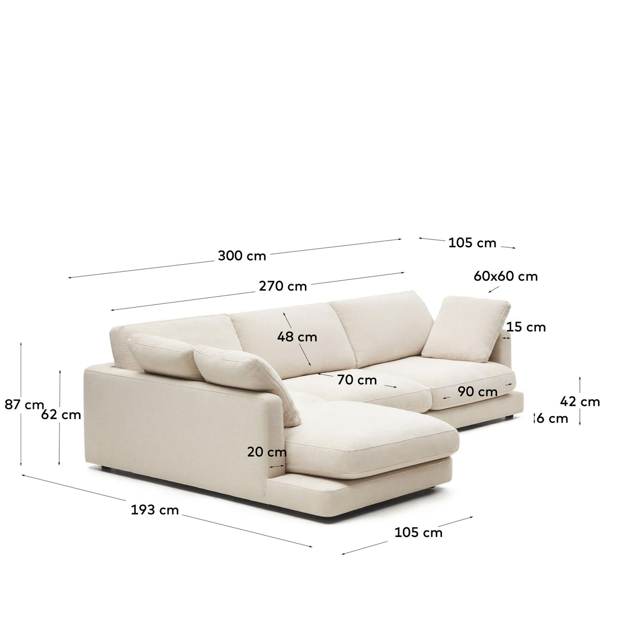Gala 4-Sitzer-Sofa mit Chaiselongue links beige 300 cm - ZEN ZONE Furniture