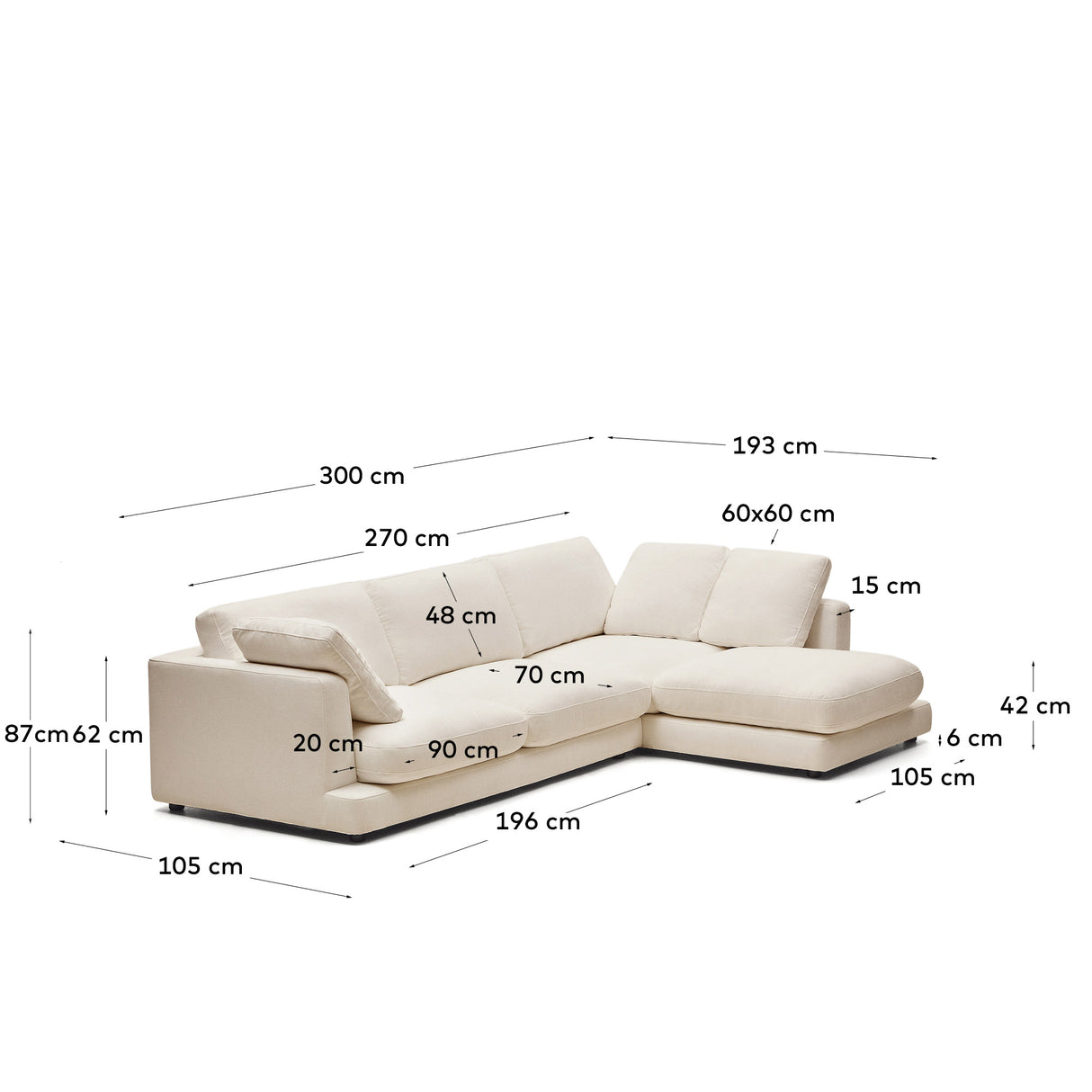 Gala 4-Sitzer-Sofa mit Chaiselongue rechts beige 300 cm - ZEN ZONE Furniture
