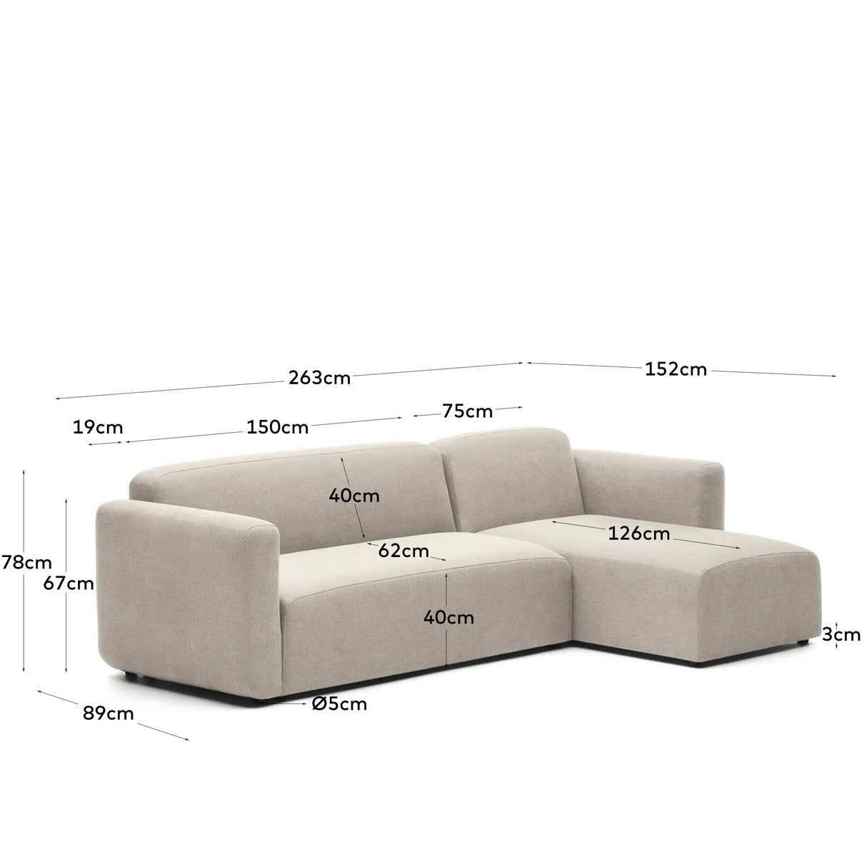 Neom modulares 3-Sitzer-Sofa Chaiselongue rechts/links Beige 263 cm - ZEN ZONE Furniture