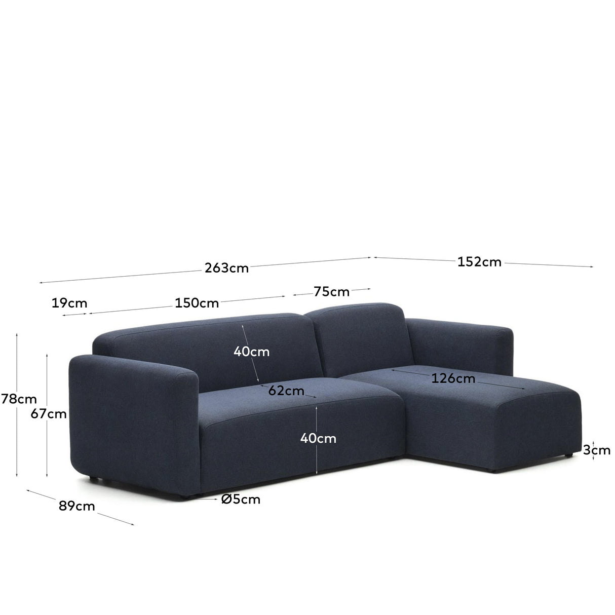 Neom modulares 3-Sitzer-Sofa Chaiselongue rechts/links Blau 263 cm - ZEN ZONE Furniture