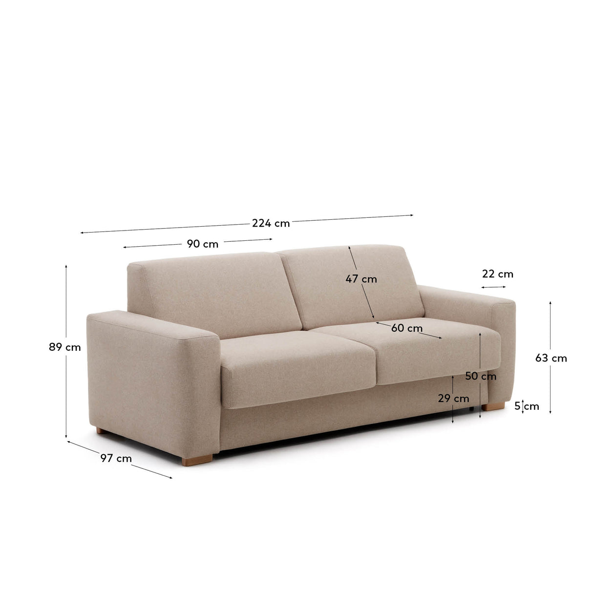 Anley 3-Sitzer-Bettsofa in Beige 224 cm (Bett 160) - ZEN ZONE Furniture