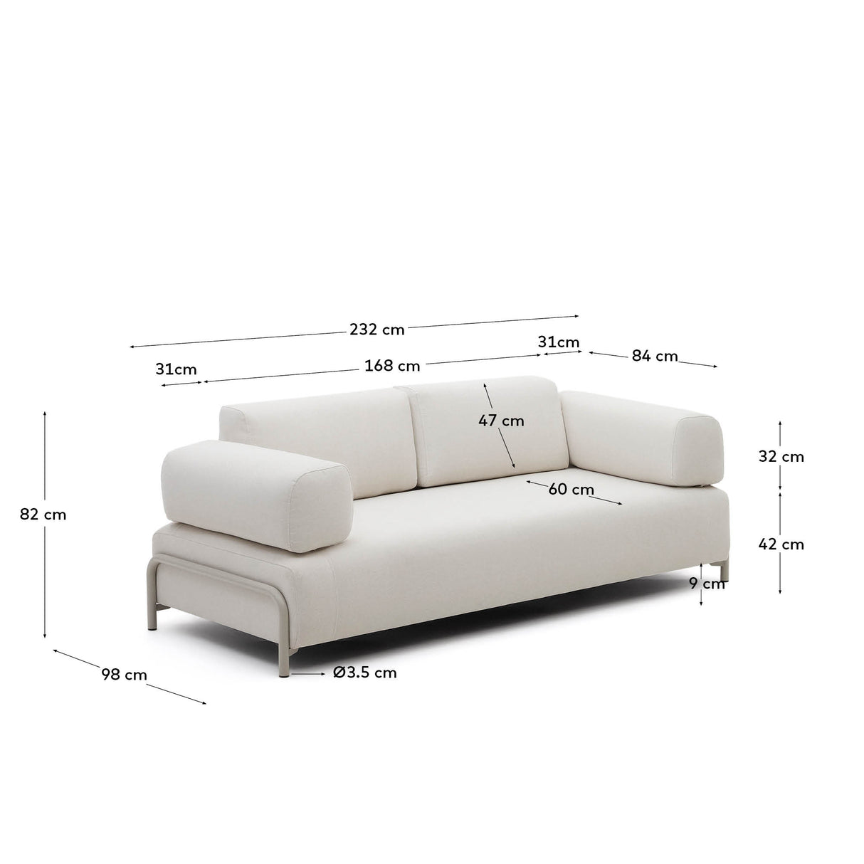 Compo 3-Sitzer-Sofa beige und Metallgestell grau 232 cm - ZEN ZONE Furniture