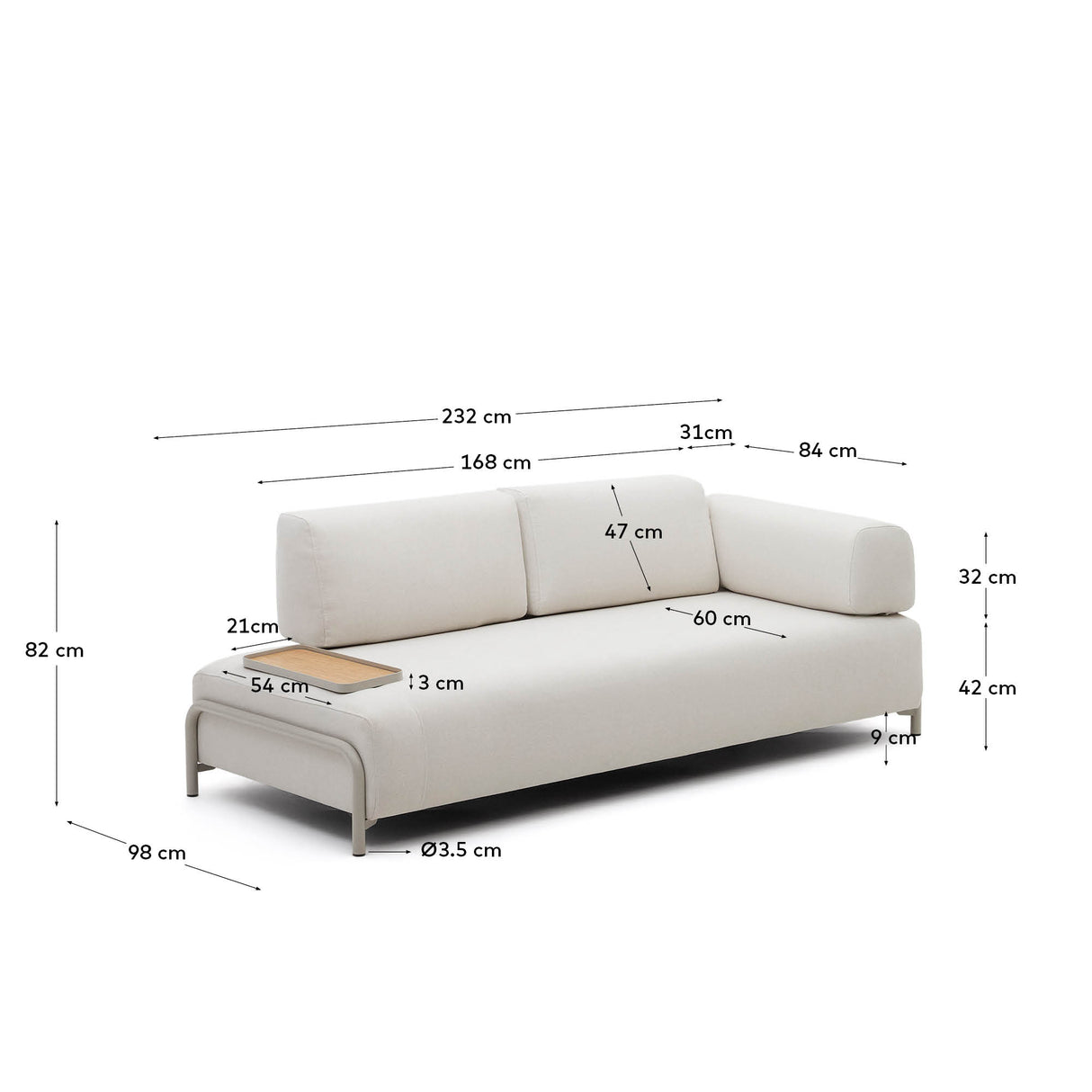 Compo 3-Sitzer-Sofa Beige, kleines Tablett Eichenfurnier und Metallgestell grau 232cm - ZEN ZONE Furniture