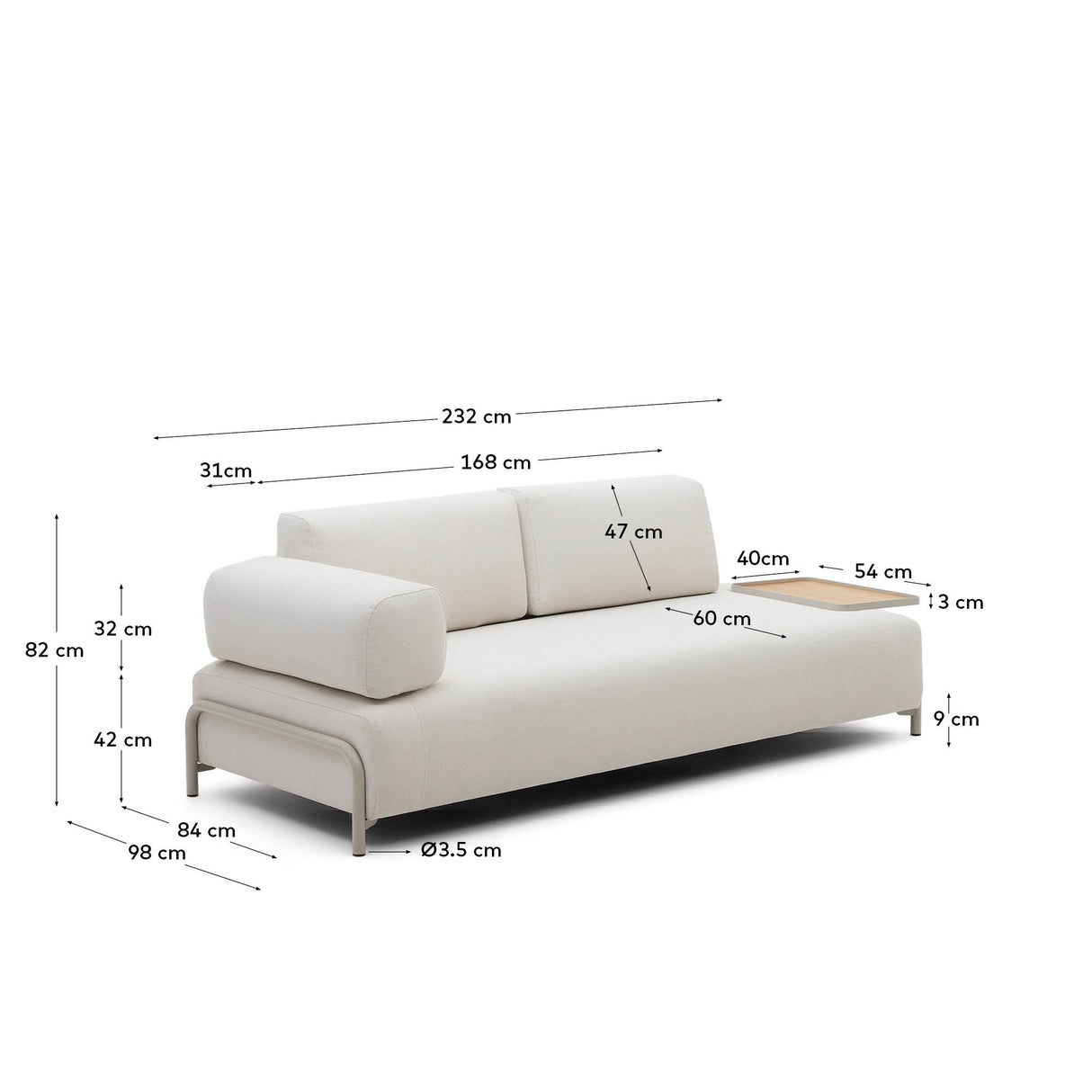Compo 3-Sitzer-Sofa Chenille Beige, großes Tablett Eichenfurnier Metallgestell Grau 232cm - ZEN ZONE Furniture