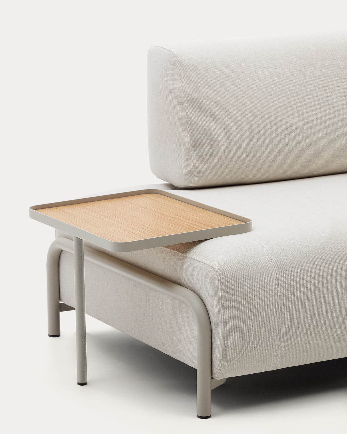 Compo 3-Sitzer-Sofa Chenille Beige, großes Tablett Eichenfurnier Metallgestell Grau 232cm - ZEN ZONE Furniture