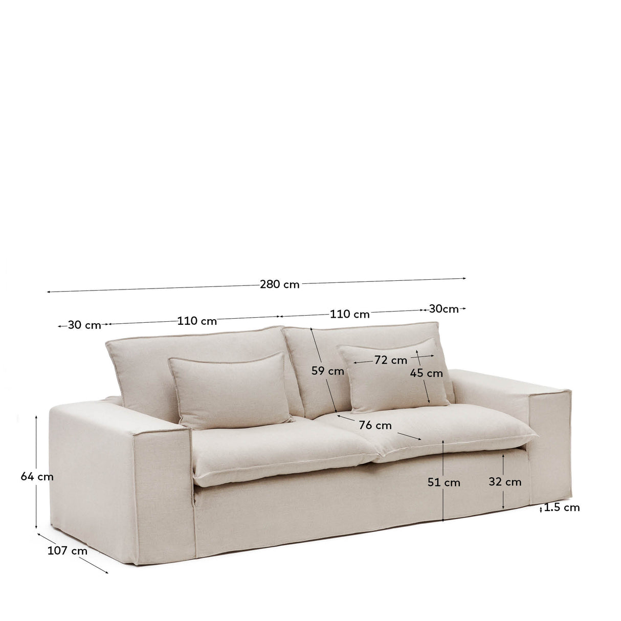 Anarela 3-Sitzer-Sofa mit abnehmbarem Bezug und Kissen aus Leinen Beige 280 cm - ZEN ZONE Furniture