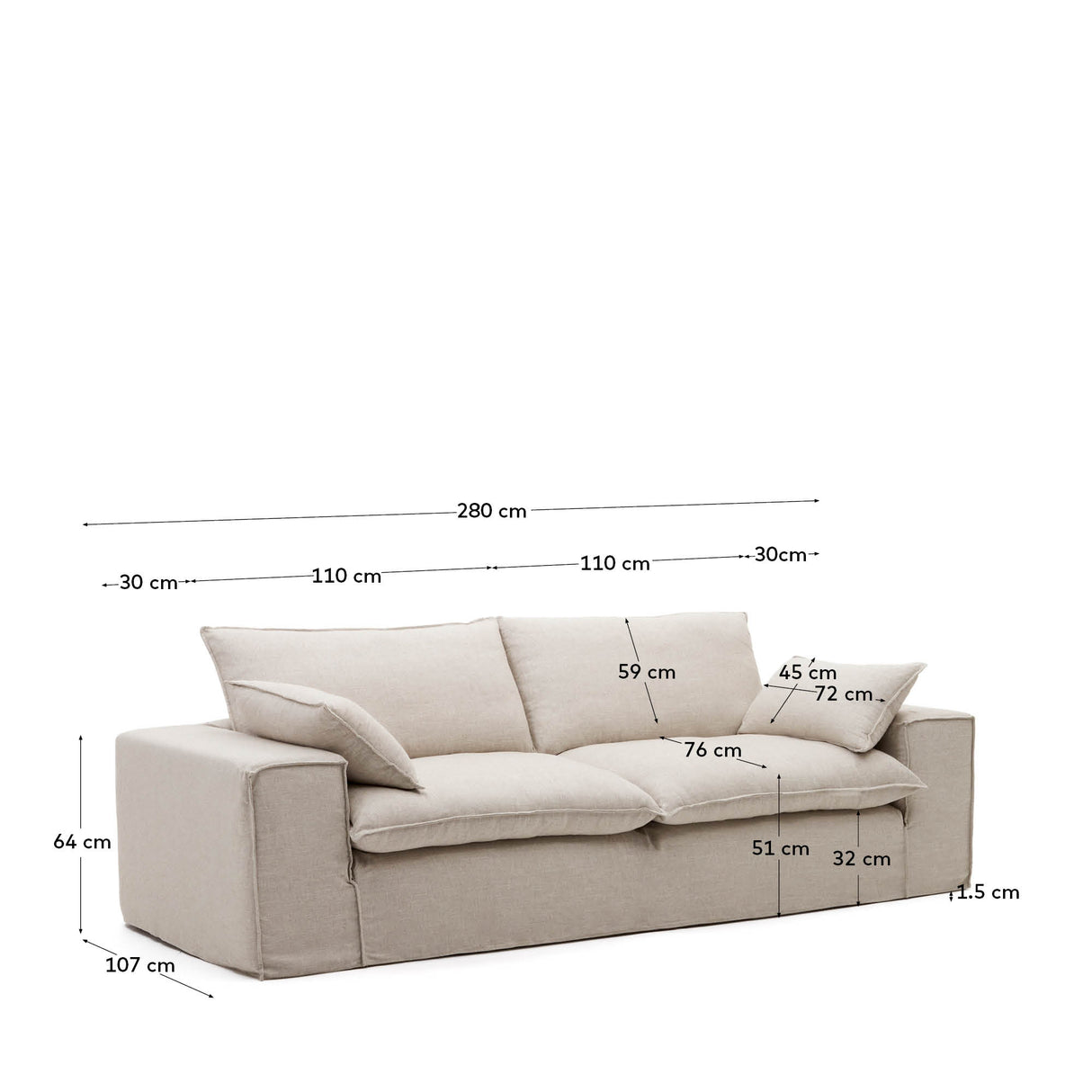 Anarela 3-Sitzer-Sofa mit abnehmbarem Bezug und Kissen aus Leinen Beige 280 cm - ZEN ZONE Furniture