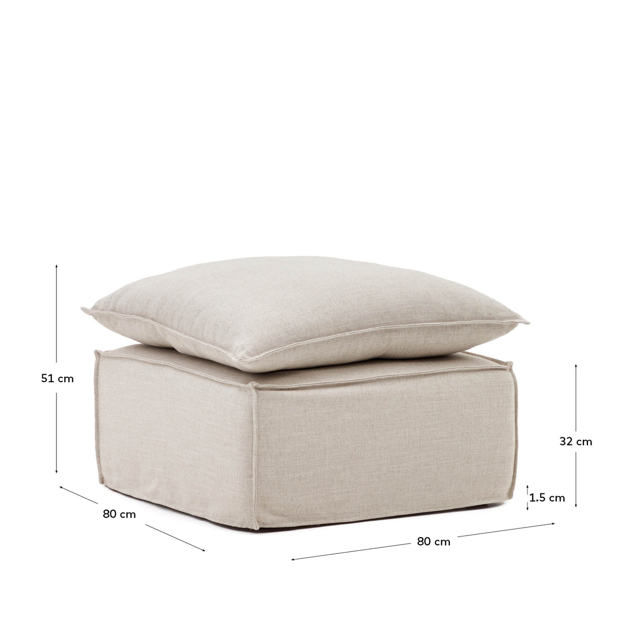 Anarela Pouf ,abnehmbarem Bezug und Kissen, Leinen Beige 80 x 80 cm - ZEN ZONE Furniture