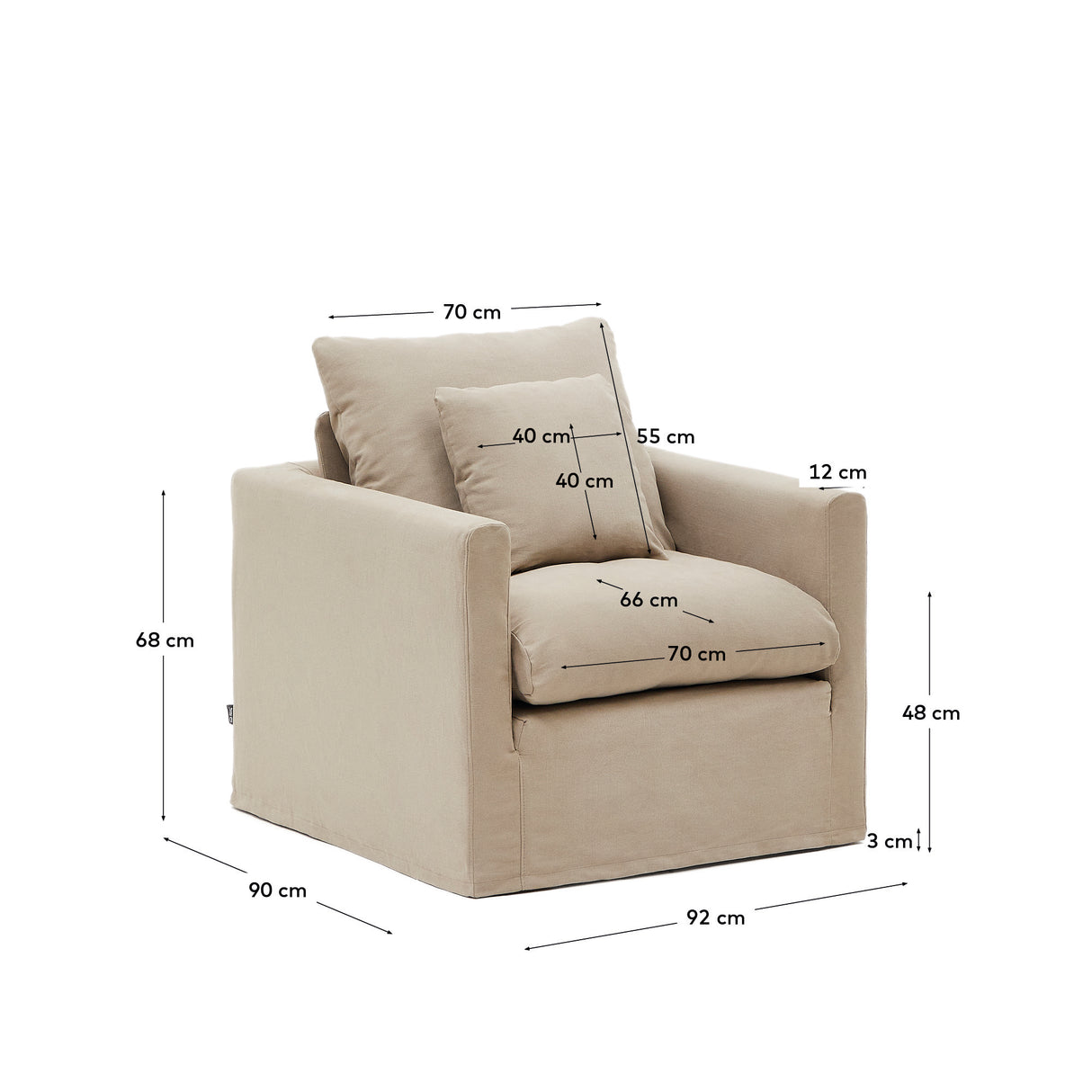 Nora Sessel mit abziehbarem Kissenbezug aus Leinen und Baumwolle taupe 92 cm - ZEN ZONE Furniture