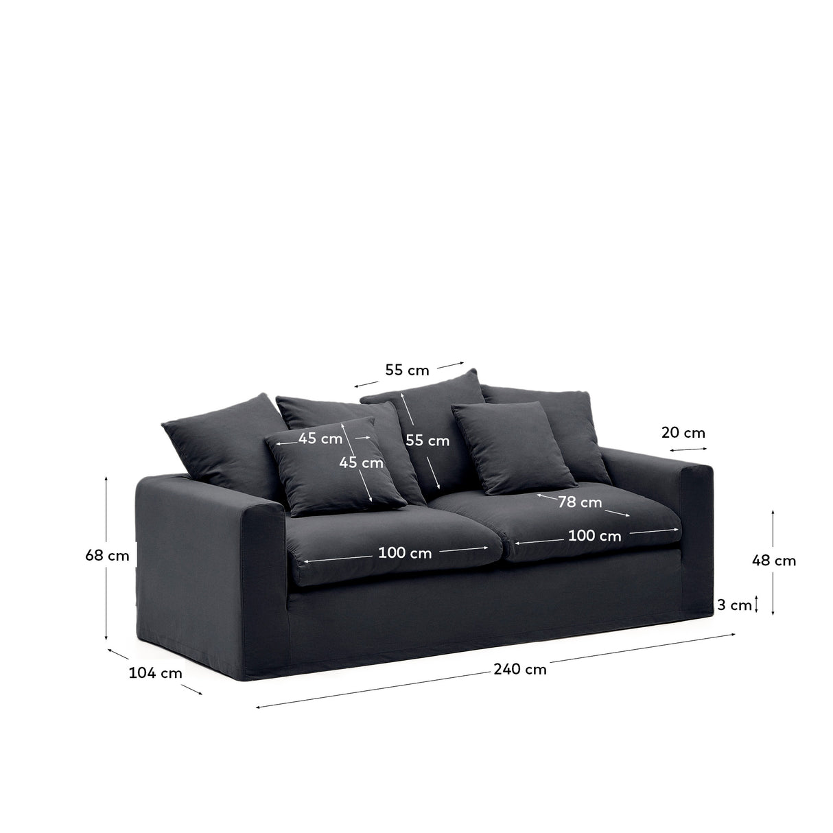 Nora 3 Sitzer Sofa mit abziehbaren Kissenbezügen aus Leinen und Baumwolle anthrazitgrau 240 cm - ZEN ZONE Furniture