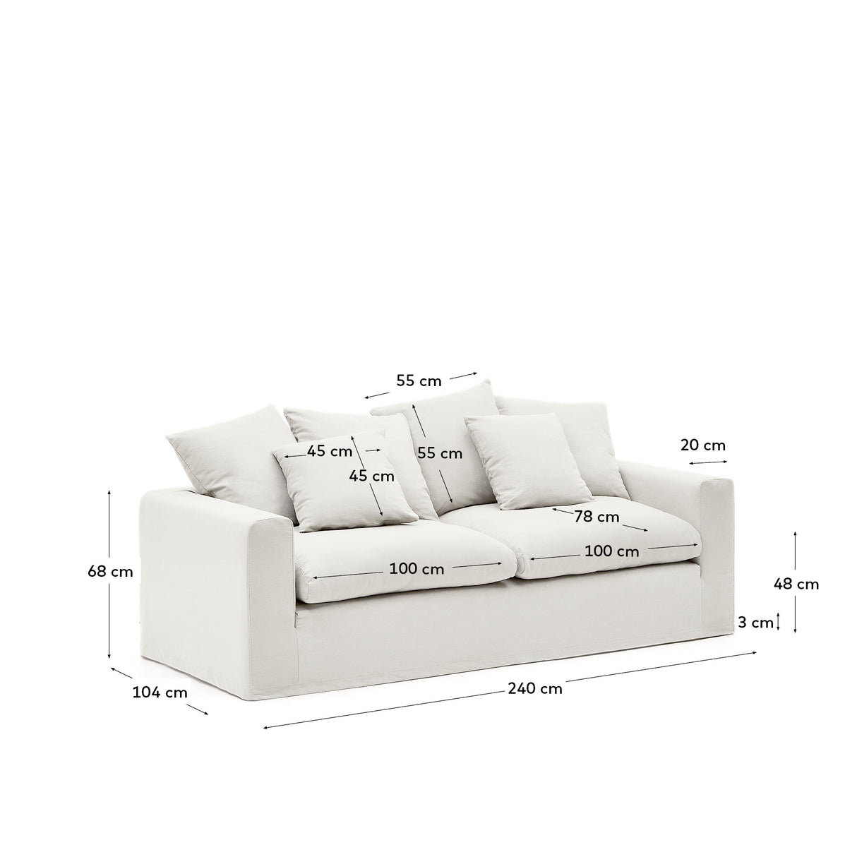 Nora 3 Sitzer Sofa mit abziehbaren Kissenbezügen aus Leinen und Baumwolle naturfarben 240 cm - ZEN ZONE Furniture