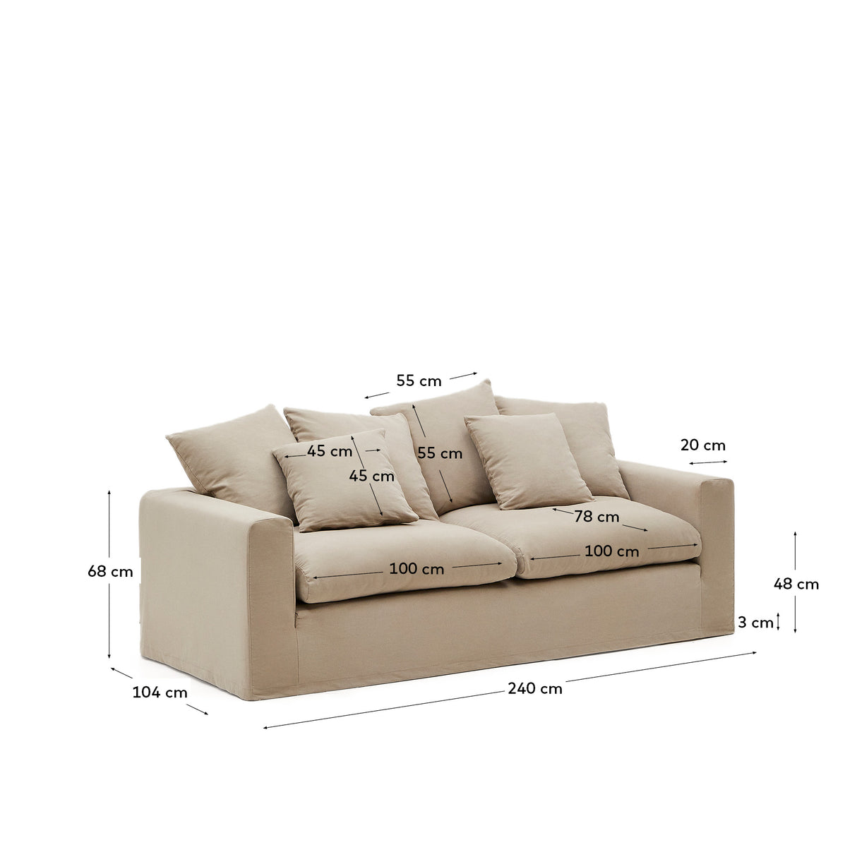 Nora 3 Sitzer Sofa mit abziehbaren Kissenbezügen aus Leinen und Baumwolle taupe 240 cm - ZEN ZONE Furniture