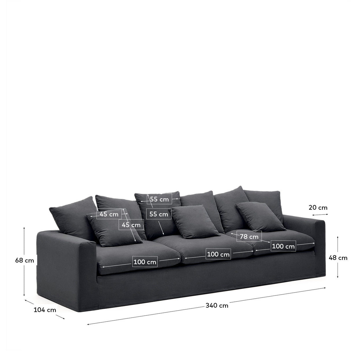 Nora 4 Sitzer Sofa mit abziehbaren Kissenbezügen aus Leinen und Baumwolle anthrazitgrau 340 cm - ZEN ZONE Furniture