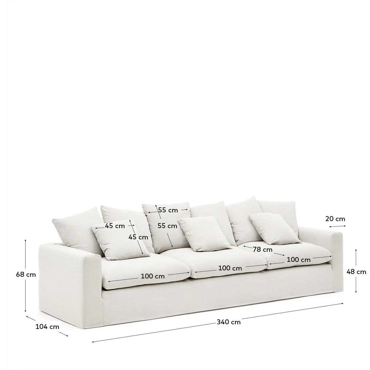 Nora 4 Sitzer Sofa mit abziehbaren Kissenbezügen aus Leinen und Baumwolle naturfarben 340 cm - ZEN ZONE Furniture