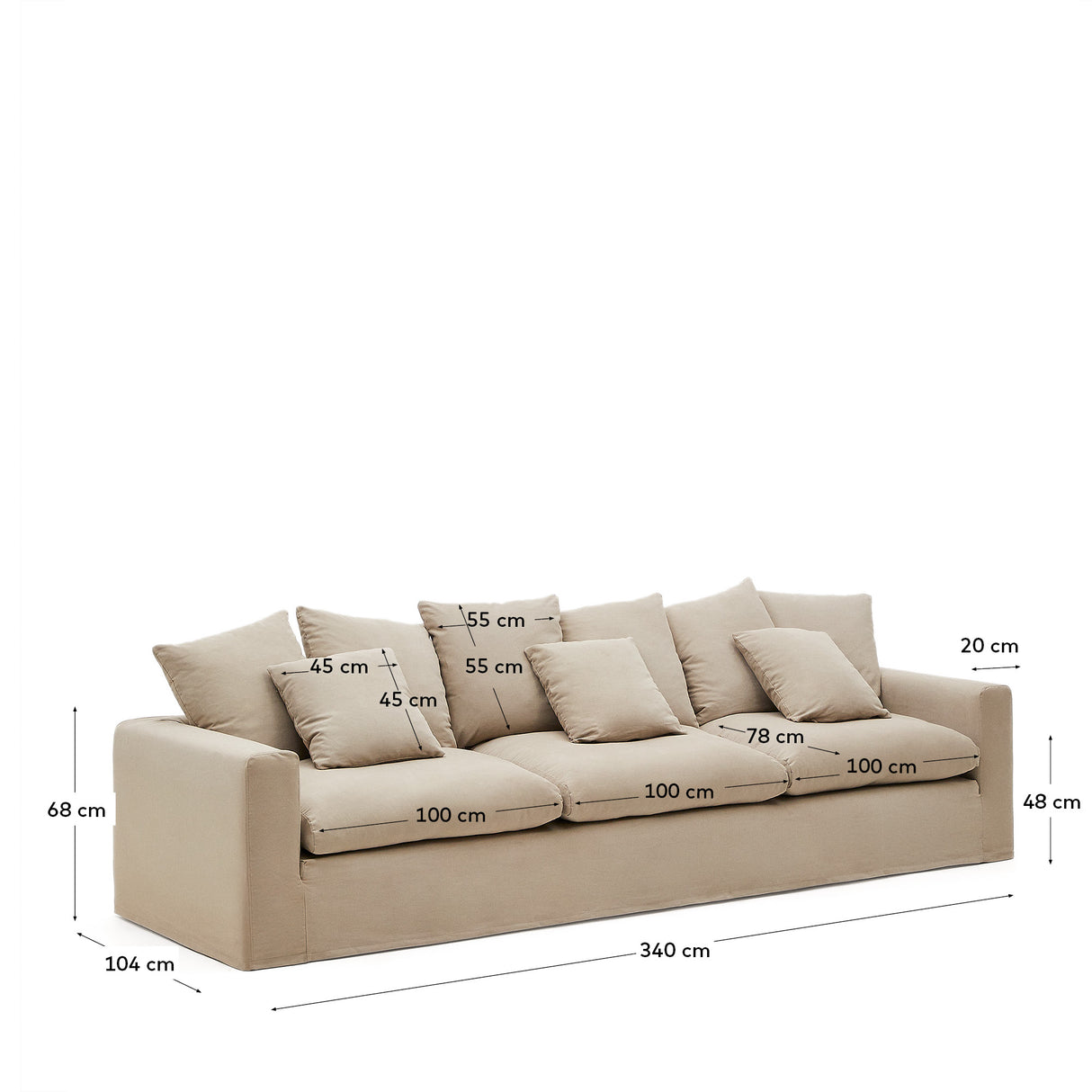 Nora 4 Sitzer Sofa mit abziehbaren Kissenbezügen aus Leinen und Baumwolle taupe 340 cm - ZEN ZONE Furniture