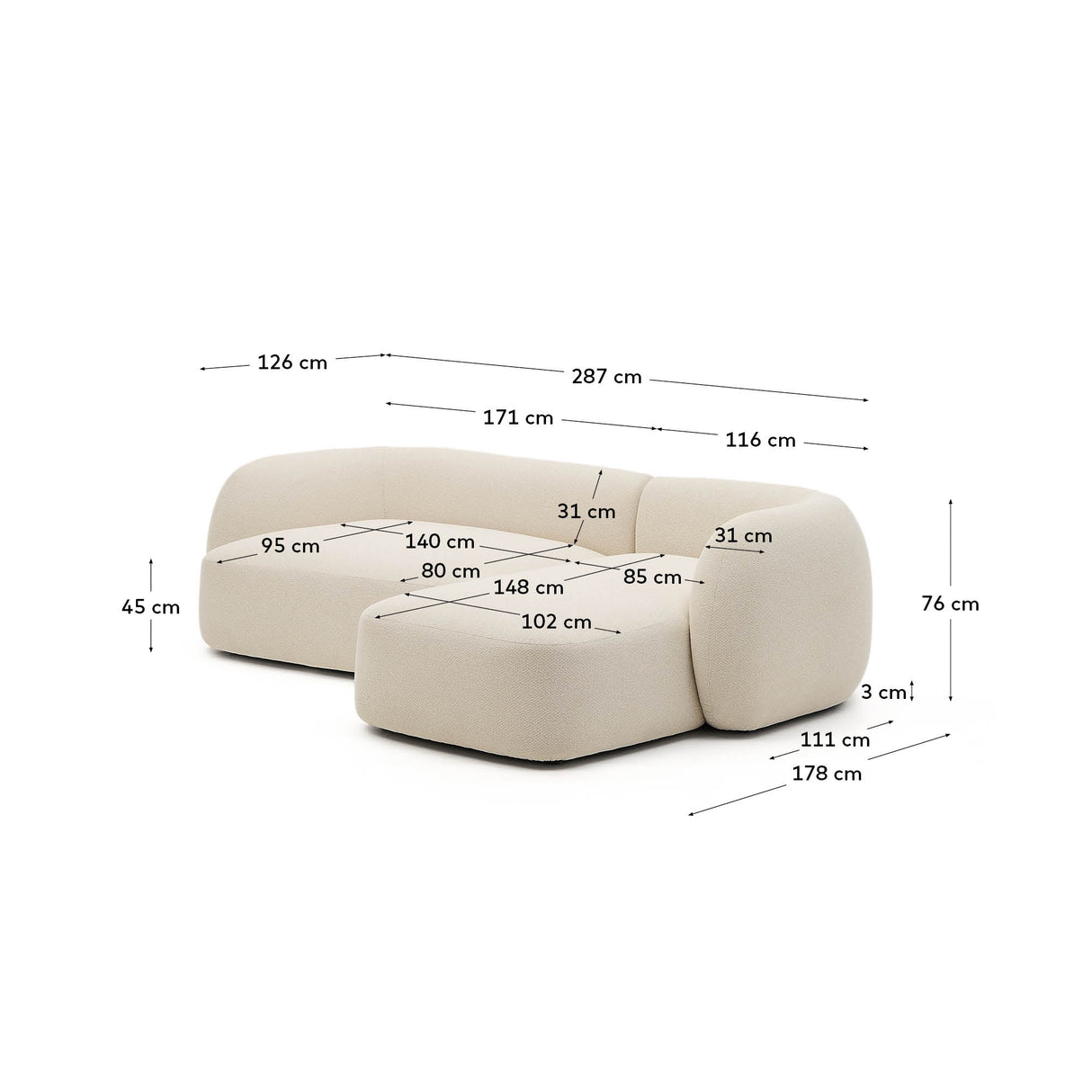 Martina modulares 3-Sitzer-Sofa in Chenille mit Chaiselongue rechts Farbe Ecru 287 cm - ZEN ZONE Furniture