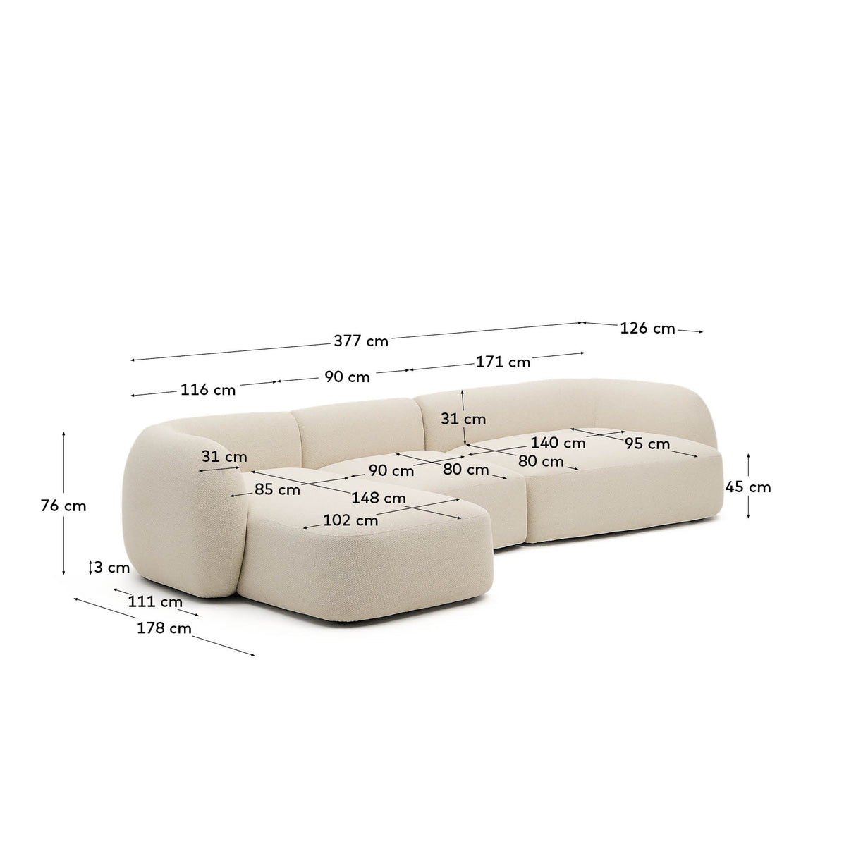 Martina modulares 4-Sitzer-Sofa in Chenille mit Chaiselongue links in Ecru 377 cm - ZEN ZONE Furniture
