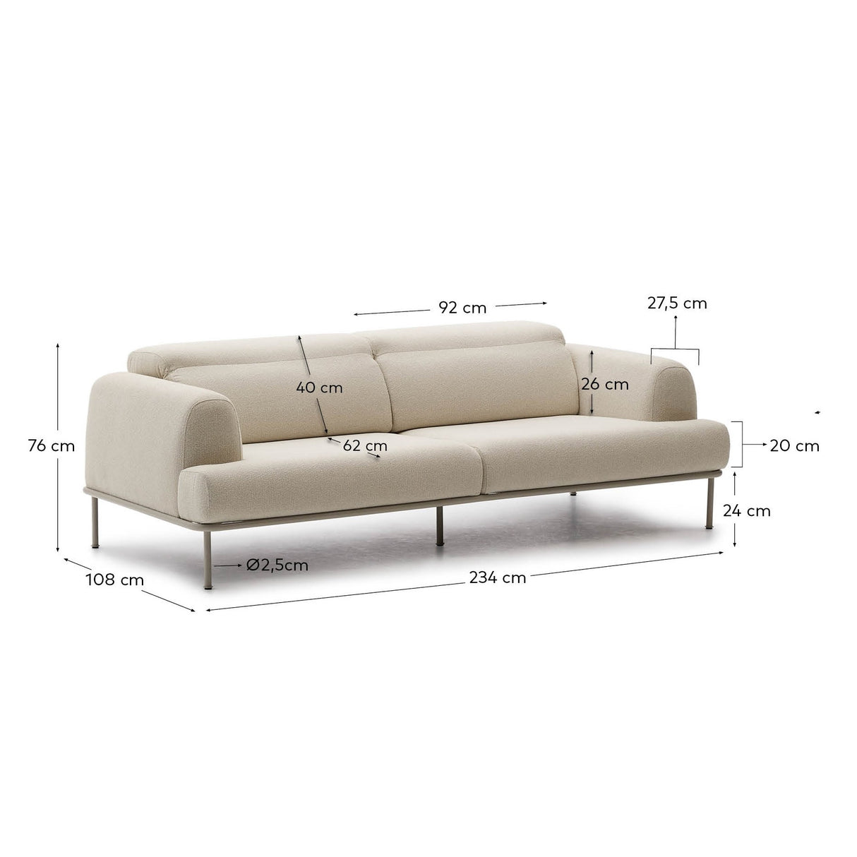 Sofa Aurum 3-Sitzer ecru mit verstellbarer Kopfstütze und mattbeigem Metallgestell 234 cm FSC Mix Credit - ZEN ZONE Furniture
