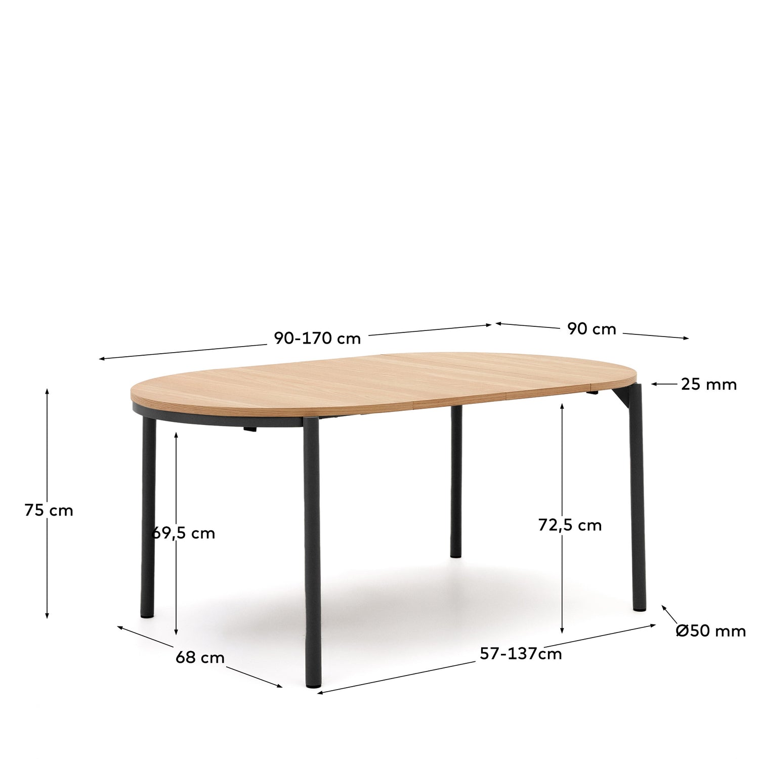 Montuiri Ausziehtisch rund Eichenfurnier und Stahlbeine schwarzes Finish Ø90(130) cm - ZEN ZONE Furniture
