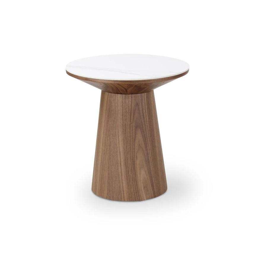 Beistelltisch CLARICE Keramik weiß, Holzbein Walnuss 48x48 cm - ZEN ZONE Furniture