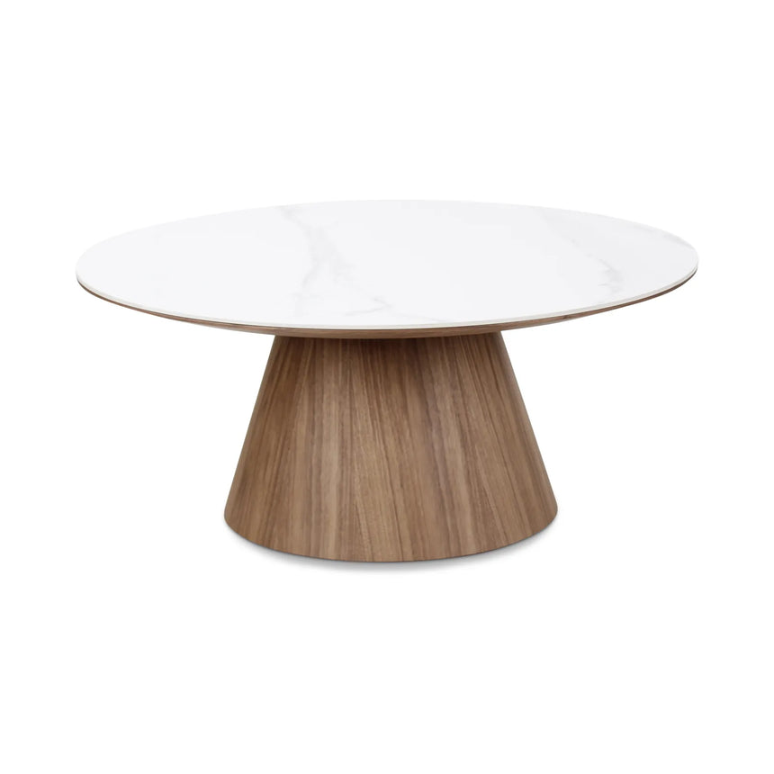 Couchtisch CLARICE Keramik weiß, Holzbein Nussbaum 90x90 cm - ZEN ZONE Furniture